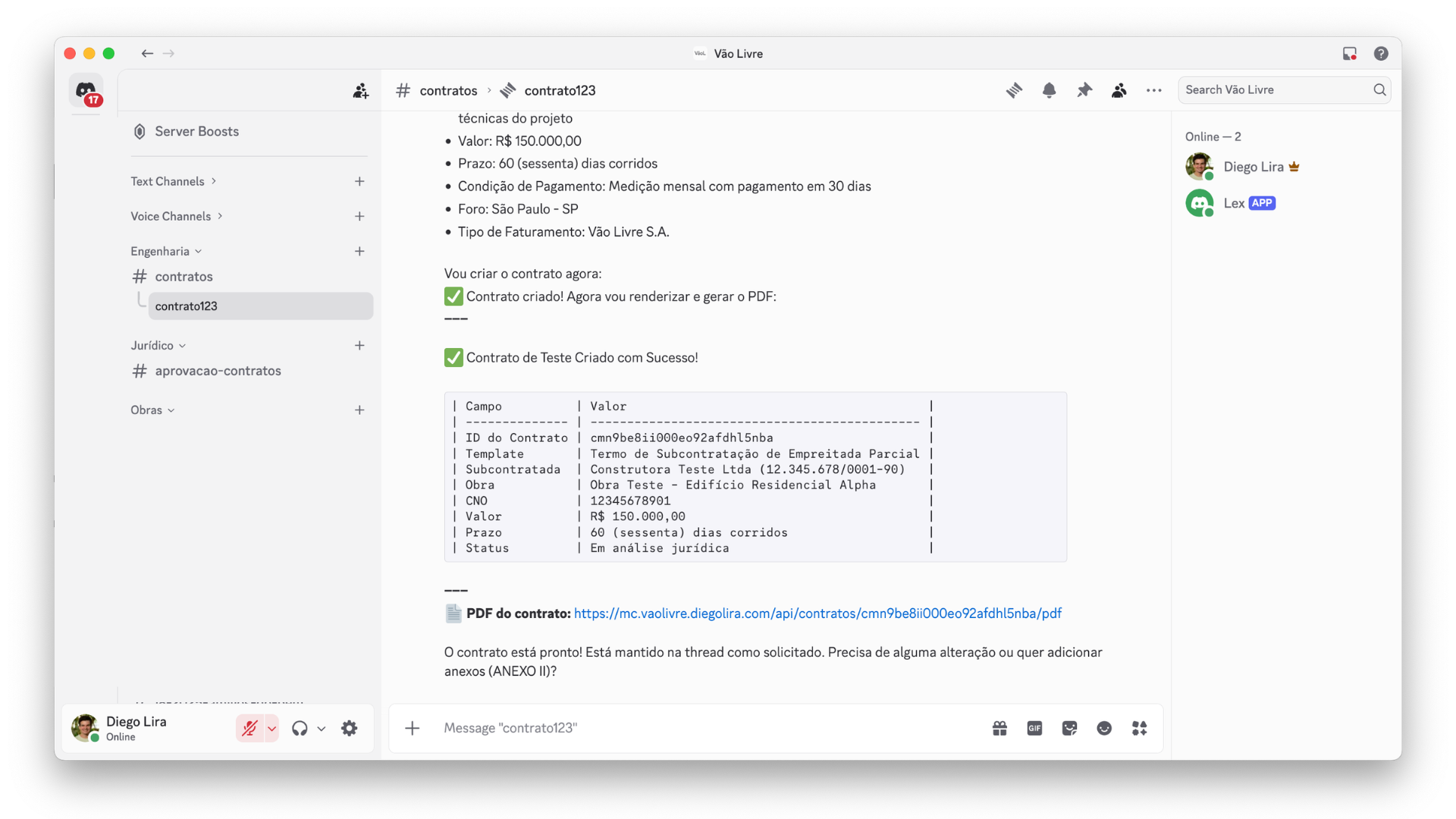 Canal do Discord mostrando o agente Lex gerando um contrato de subcontratação com todos os campos preenchidos e link para o PDF
