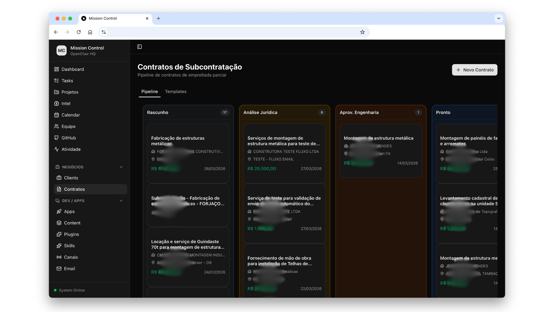 Mission Control mostrando o pipeline de contratos de subcontratação com colunas Rascunho, Análise Jurídica, Aprovação Engenharia e Pronto